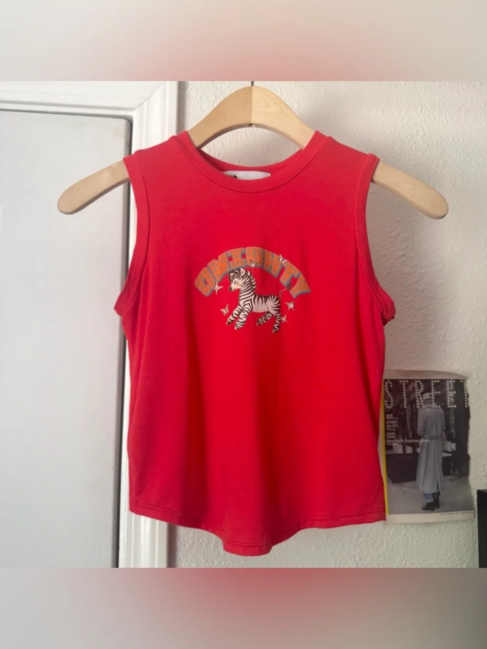 OMIGHTY red logo zebra butterfly crew neck cropped knit tank top